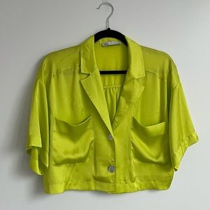 Lime Green Satin button down crop top Never Worn!
